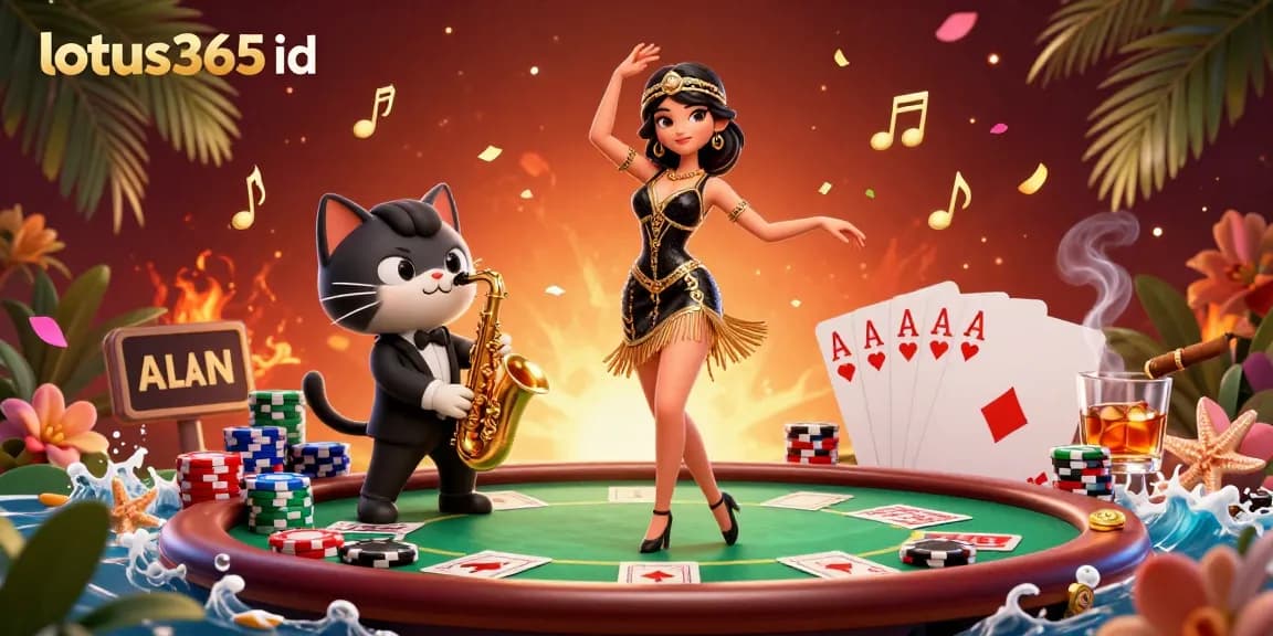 Engage in thrilling poker action with your lotus365 id amid a vibrant casino scene featuring lively characters and dynamic game elements.