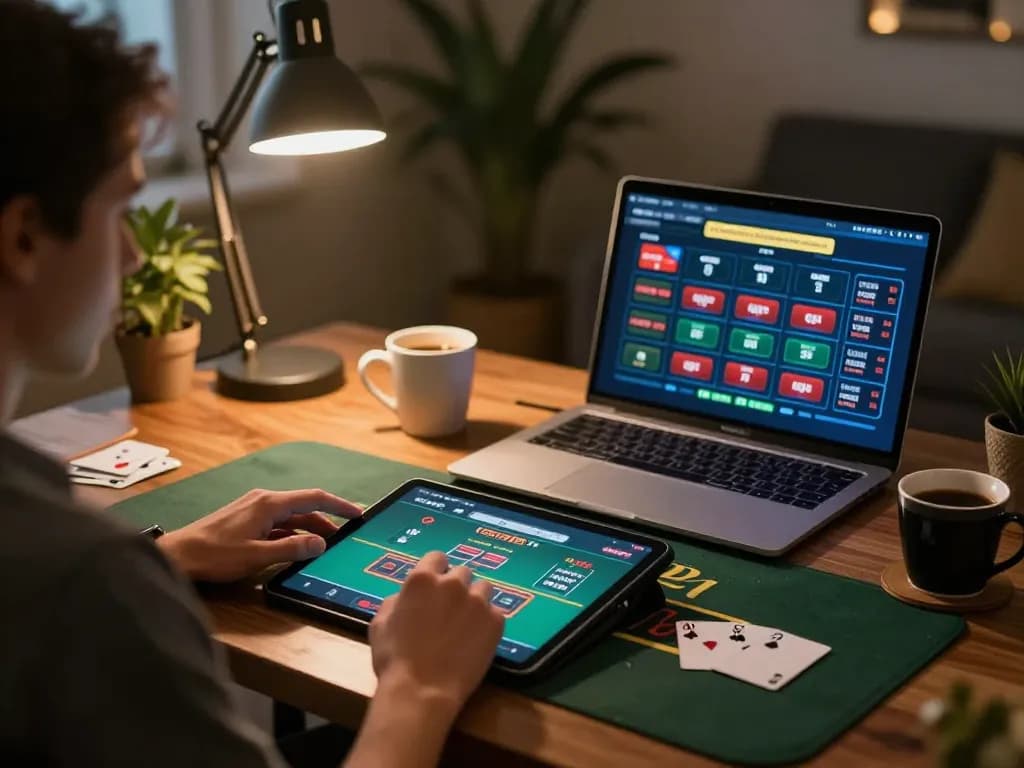 Player enjoying live blackjack on tablet at home while managing bankroll strategies with fly88mb.