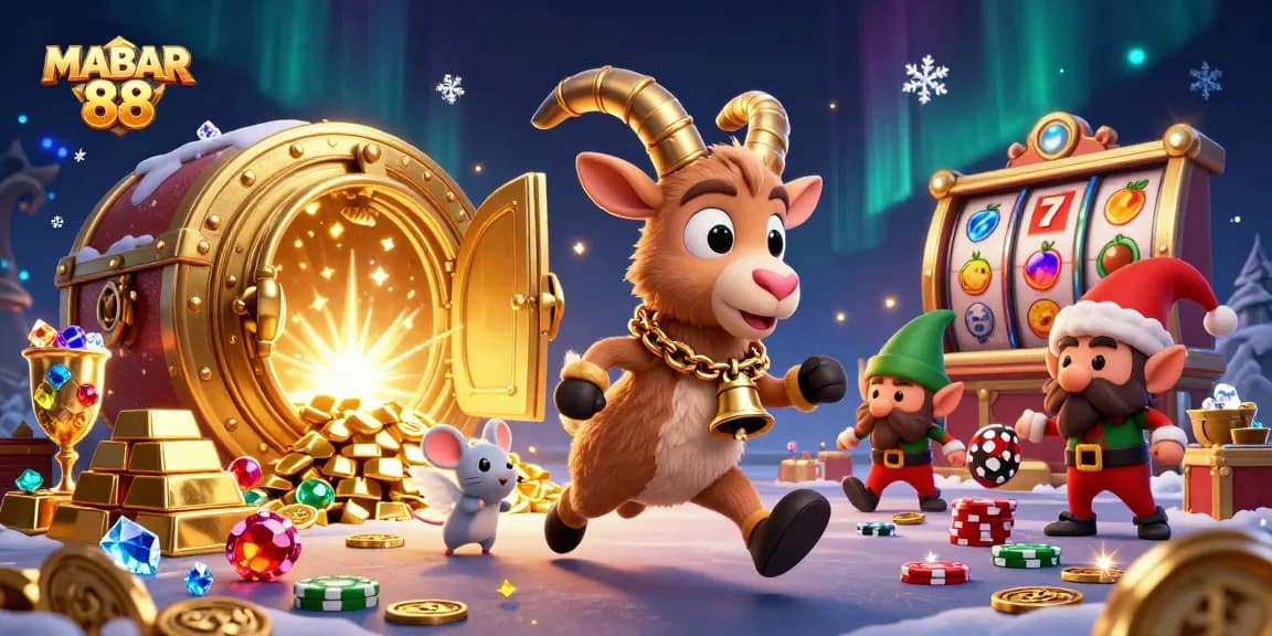 Engage with MABAR 88 in a vibrant, chaotic casino scene filled with festive thrills and treasures.