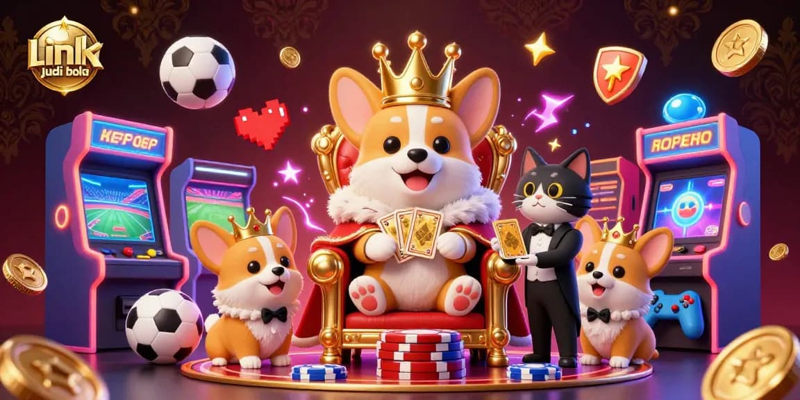 Engage in sports betting with link judi bola while enjoying this vibrant gaming illustration featuring royal corgi characters.