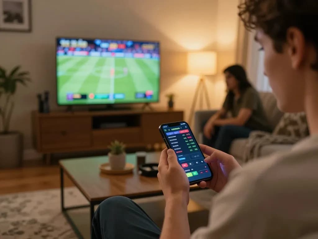Betting live sports through 92slot app on a smartphone with friends in a cozy setting.