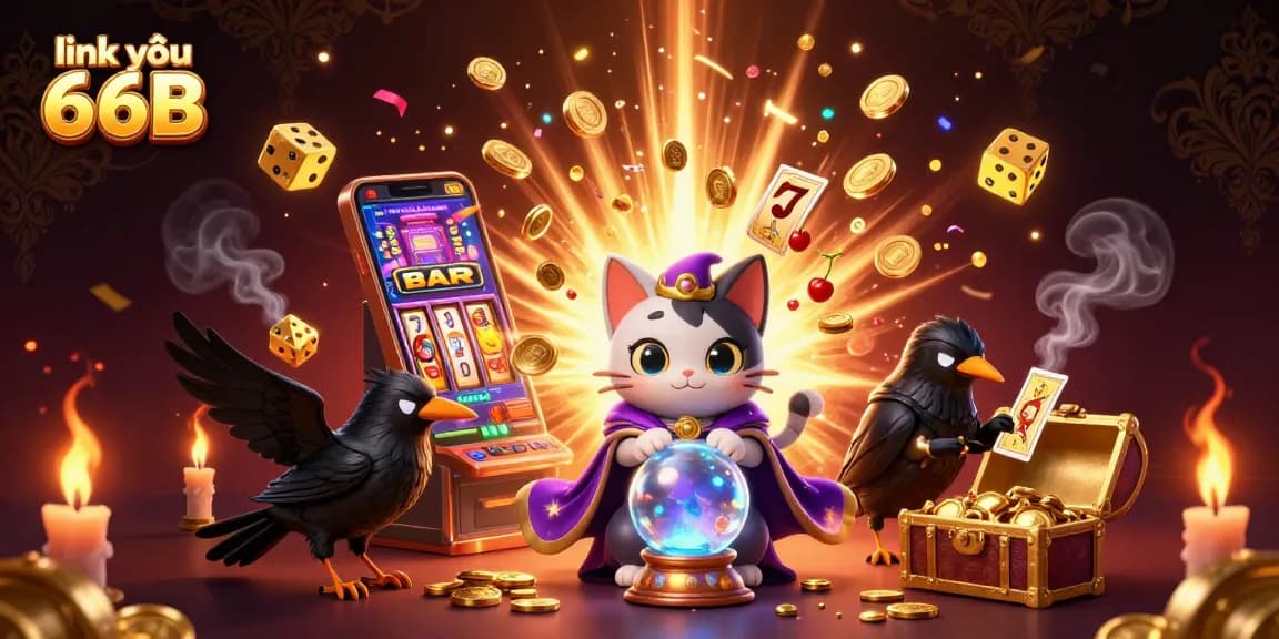 Engage with the link vào 66B as a 3D fortune teller cat unveils casino magic amidst glowing gaming elements.