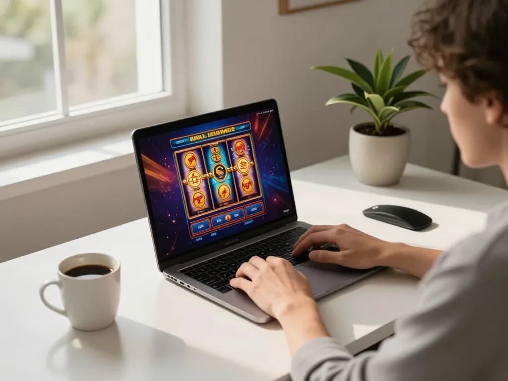 Engaging in a slot gacor game on a laptop in a stylish home office environment.