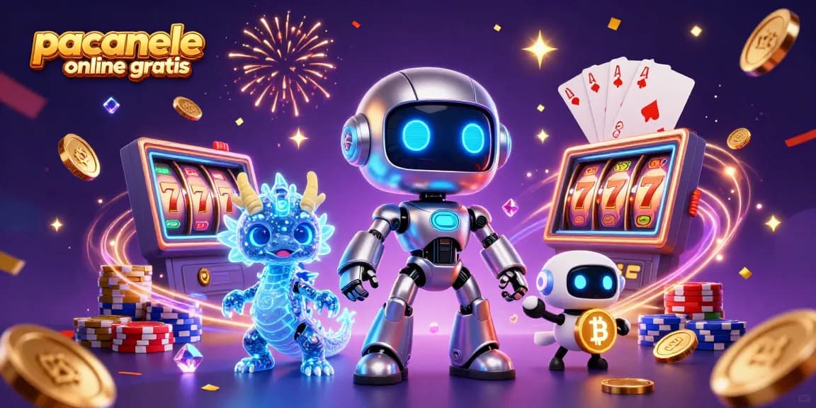Păcănele online gratis - ilustrație 3D vibrantă cu personaje interactive și simboluri de jocuri de noroc.