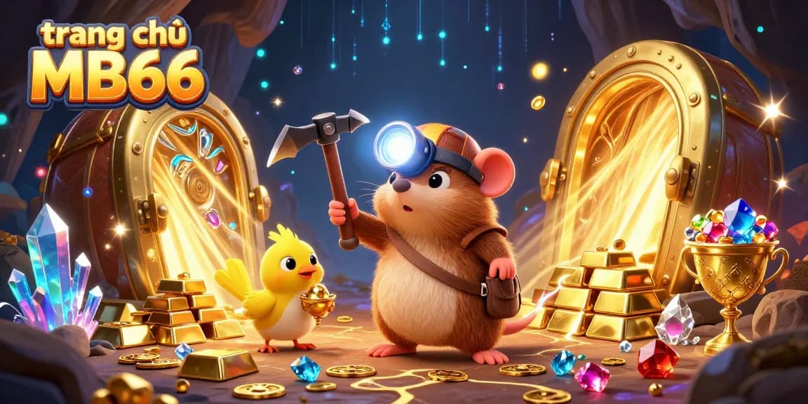 Engage in the excitement on trang chủ MB66, showcasing a treasure hunter and casino gems.
