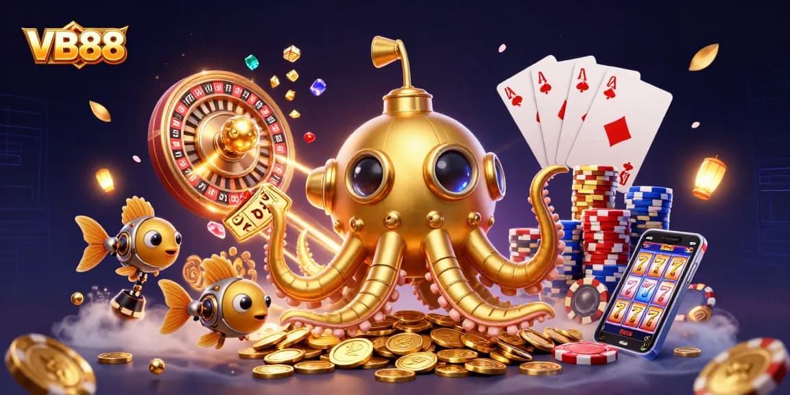 VB88 captures a dynamic casino scene with a golden kraken submarine and slot elements.