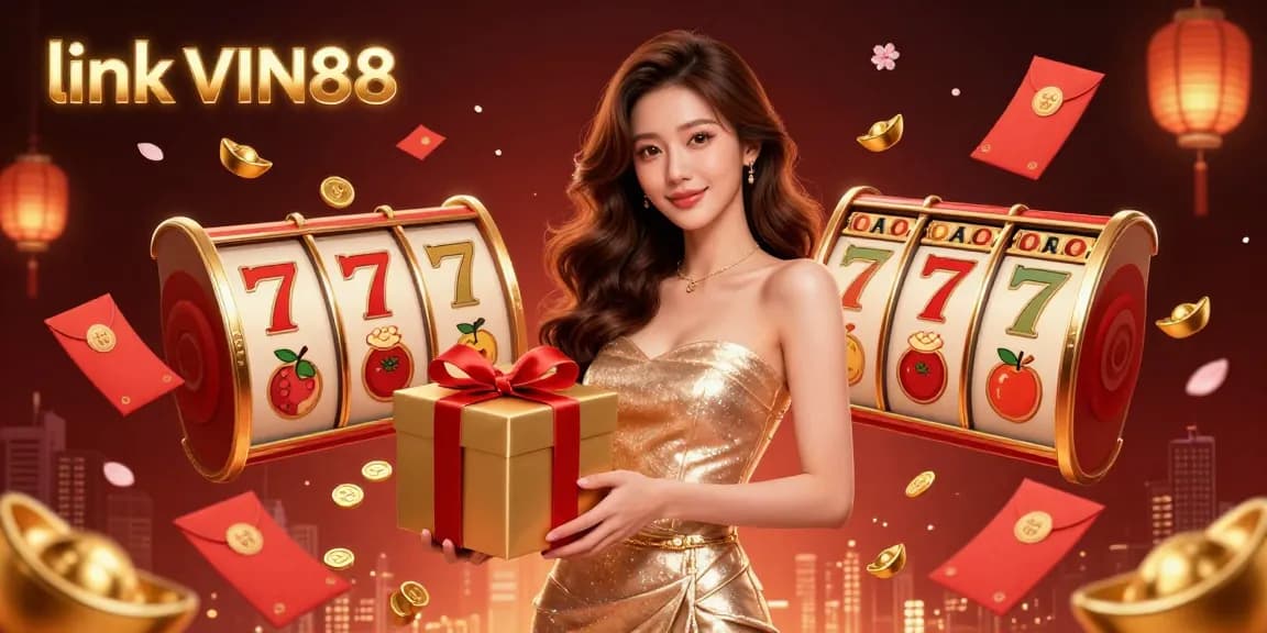 Win big with link VIN88: Gorgeous woman celebrating with golden coins and festive decorations in a vibrant casino.