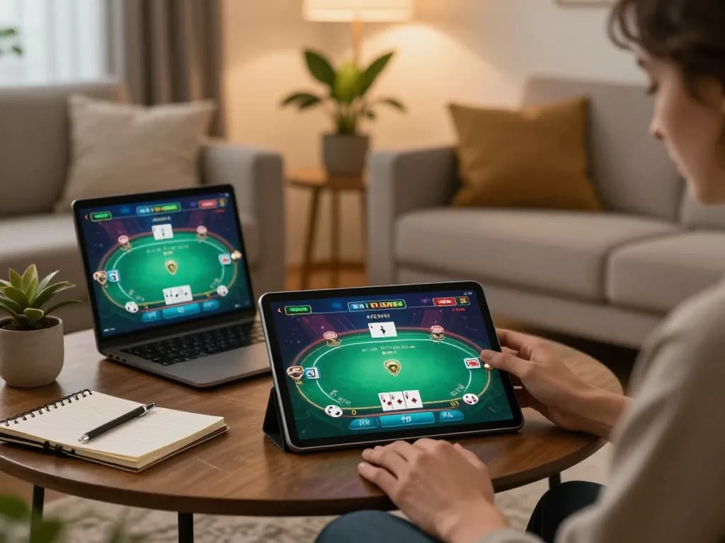 Engaging with nk88 win online poker in a cozy home setting, showcasing strategy notes and tablet interface.