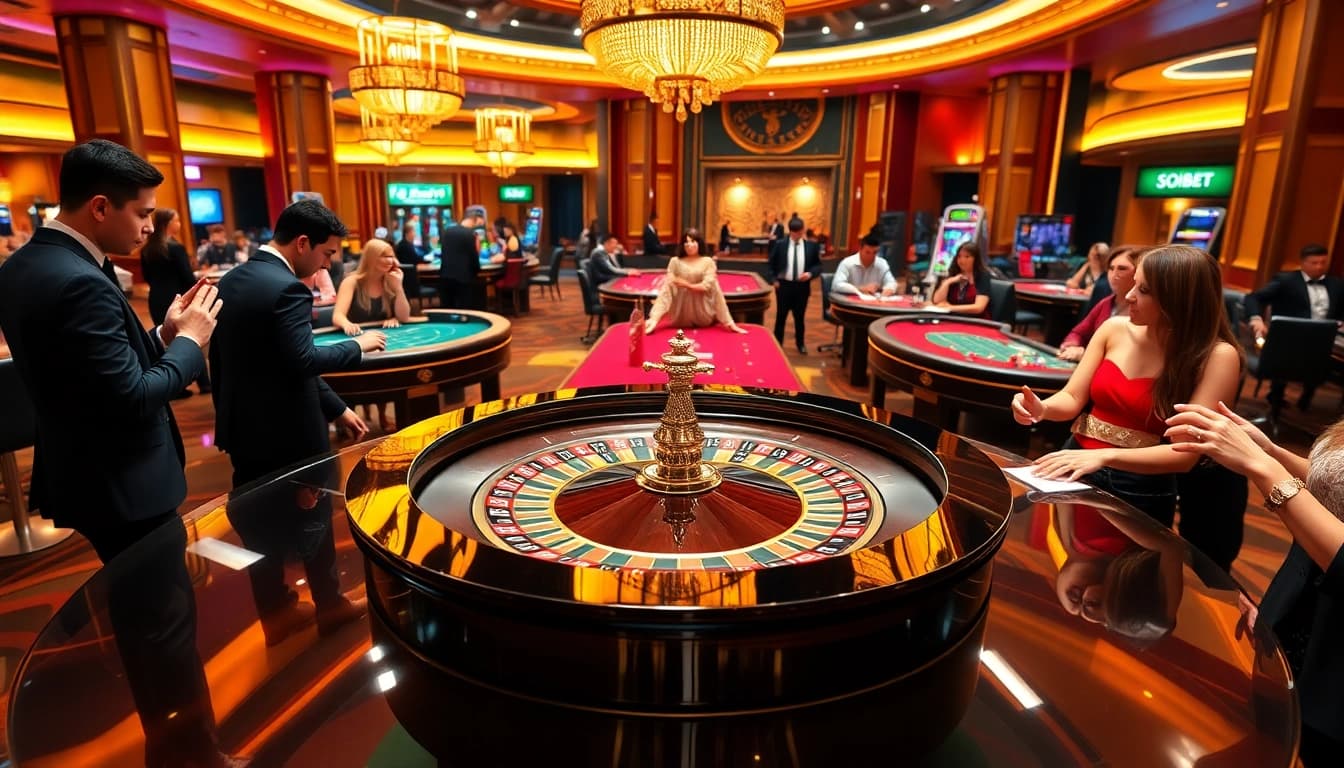 Experience thrilling gameplay at https://soibet.vision/ with vibrant casino scenes capturing the excitement of roulette and poker.