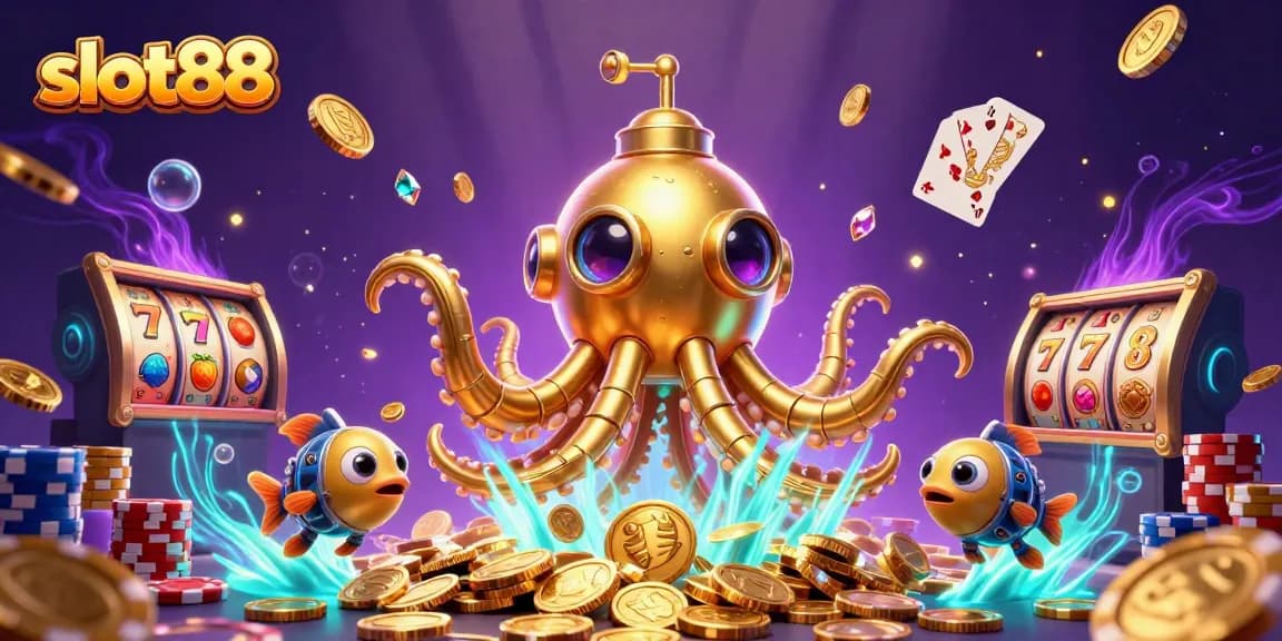 Experience thrilling slot88 action with a vibrant golden kraken amidst sparkling treasures and slot machines.