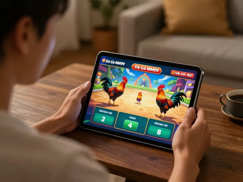 Engaging online betting on Đá Gà MM99 with a player using a tablet in a cozy home setting