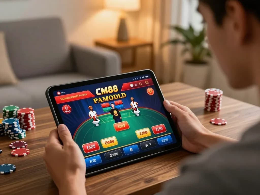 Engaging with nhà cái cm88 online casino app on tablet in a cozy home setting.