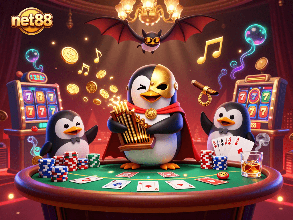 Engage with net88 in an animated casino scene featuring gold coins and vibrant game elements.