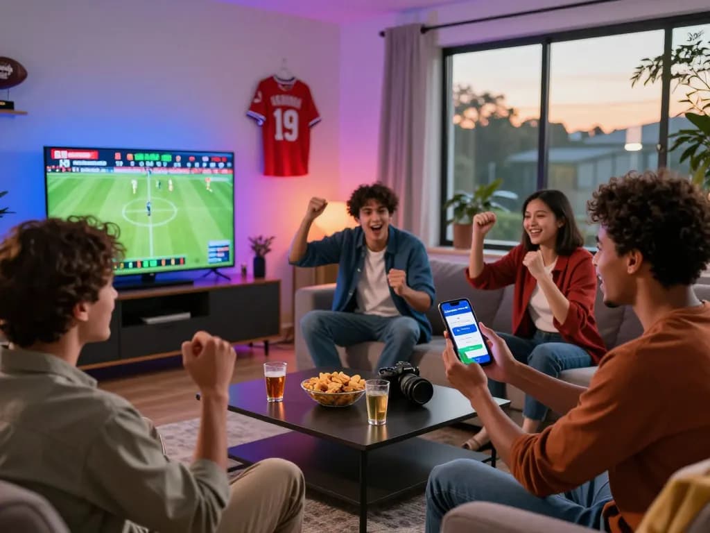 Pengalaman taruhan online Sydneycuan dengan teman-teman bersorak di ruang tamu modern.