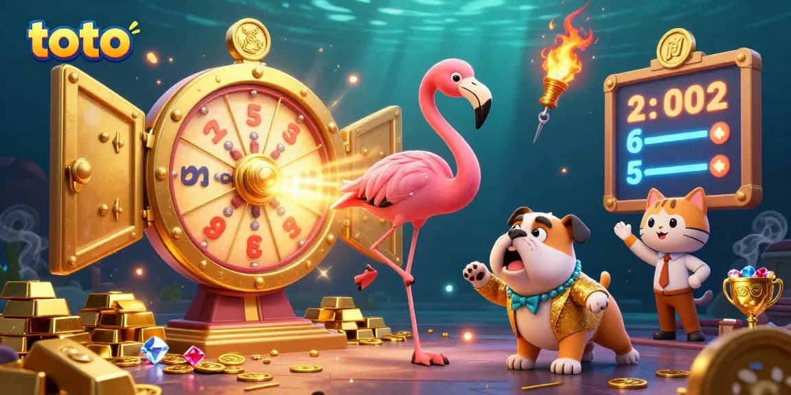 Engage with exciting toto games in a vibrant scene featuring a flamingo host and a bulldog contestant.