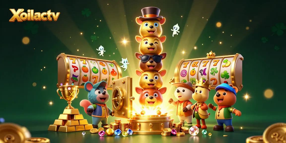 Xoilactv showcases vibrant casino action with a golden totem pole and slot game elements.