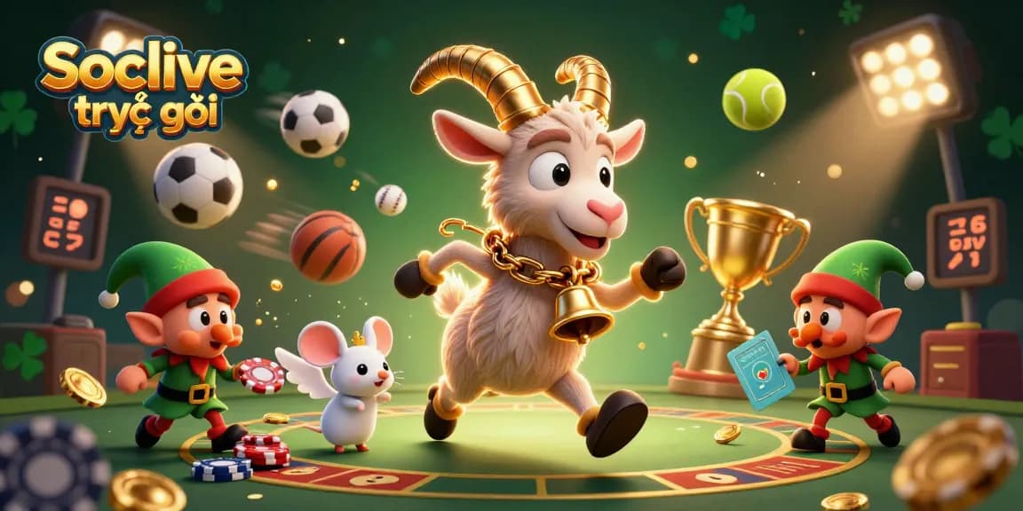 Socolive trực tiếp showcasing a festive casino scene with thrilling gameplay, golden trophies, and lively characters