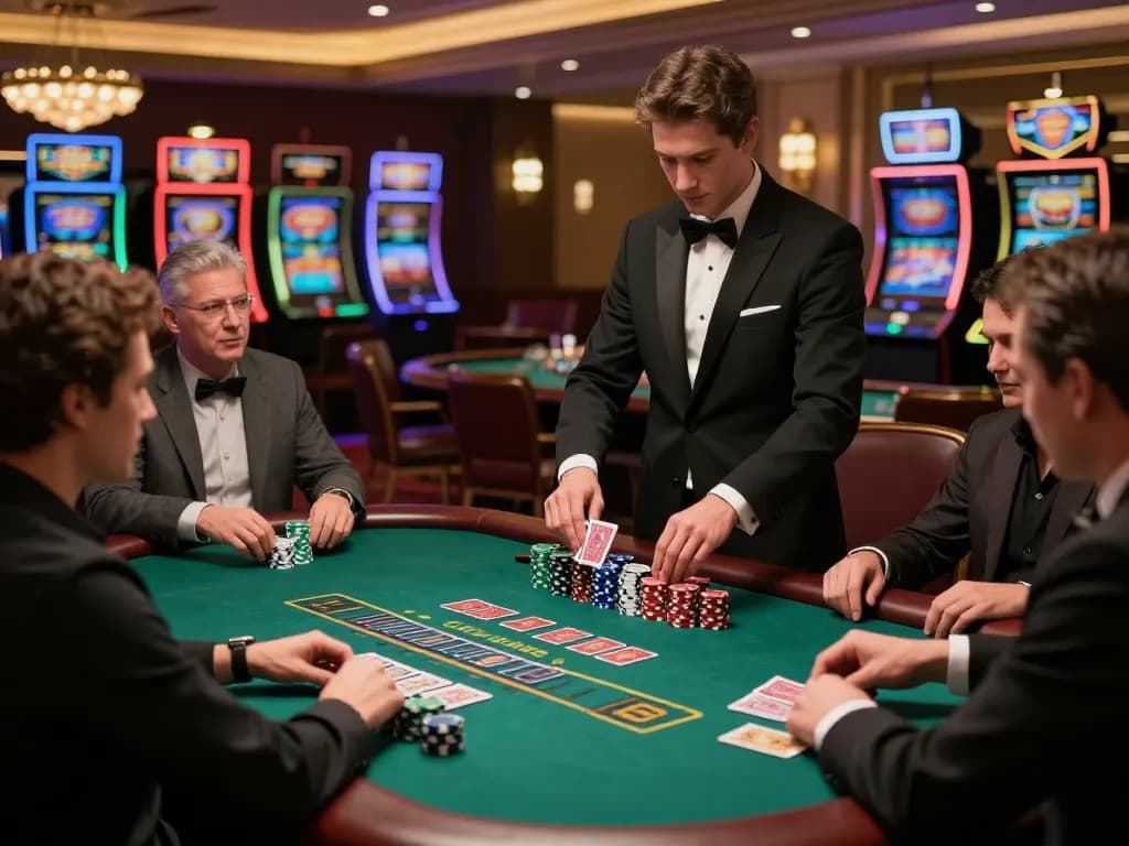 Rasakan Demo Slot PG Soft Mirip Asli di meja blackjack yang elegan dengan pemain terlibat dan pencahayaan kasino yang atmosferik.