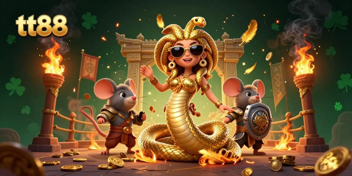 Experience thrilling gameplay at tt88 with a vibrant scene featuring friendly Medusa and a warrior mouse amidst casino action.