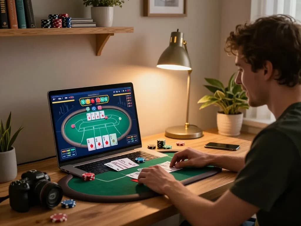 Player enjoys online gaming at home with nhacaiuytin on the laptop, showcasing an engaging poker game