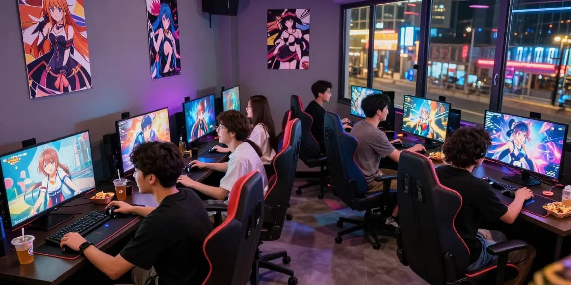 Friends enjoying hentai games in a vibrant gaming café, showcasing gaming atmosphere