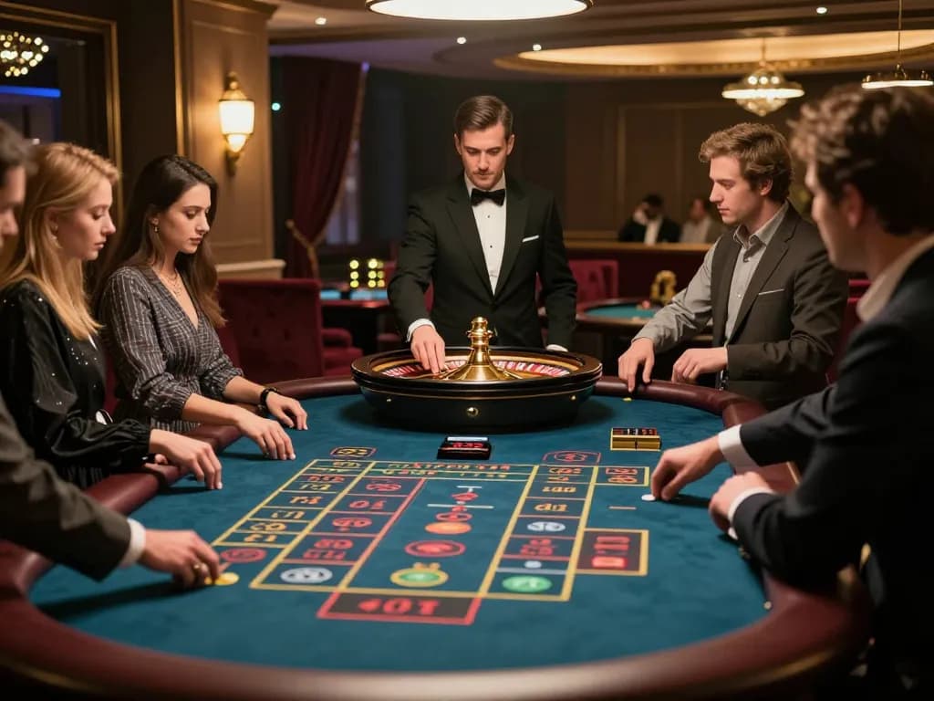 Engaged players at Casino Luck8's roulette table, experiencing excitement and luxury.