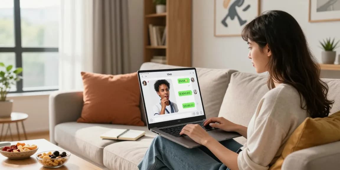 Engaging spicy chat AI interaction in a cozy living room setting with a young woman enjoying her virtual companion.