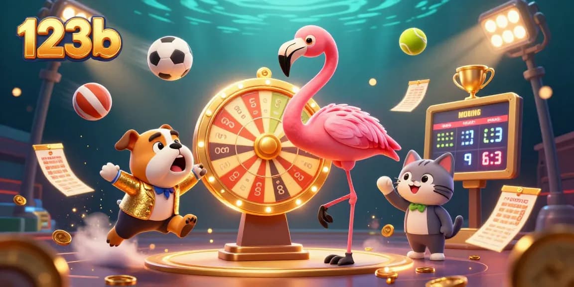 Experience the excitement of a 123b gaming scene with a flamingo and bulldog amidst dynamic prizes!