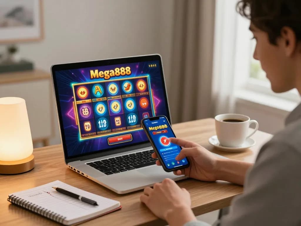 Engaging in free credit mega888 gameplay on a smartphone at home, showcasing a player's excitement.