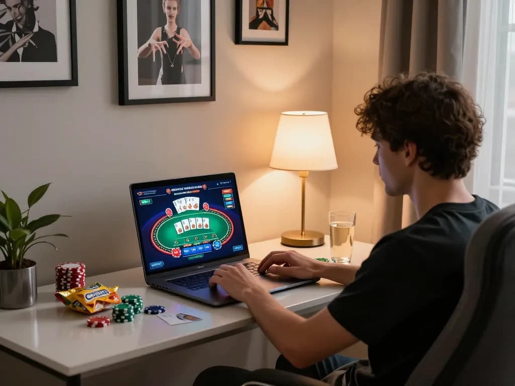 Person enjoying tr88 bet on a laptop in a cozy home setting, illustrating online gambling strategy and lifestyle