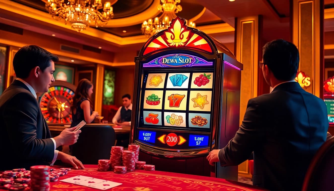 Engaging players at dewa slot machine in a luxurious casino with poker chips and roulette wheel.