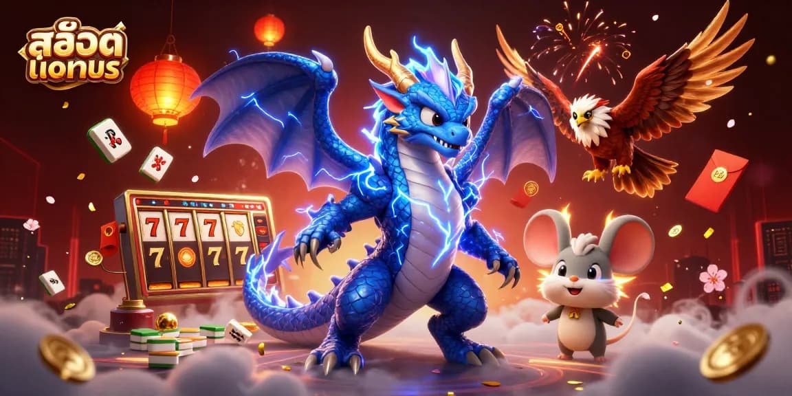 Engage in สล็อตทดลอง with vibrant casino graphics showcasing thrilling slot elements and dynamic characters.