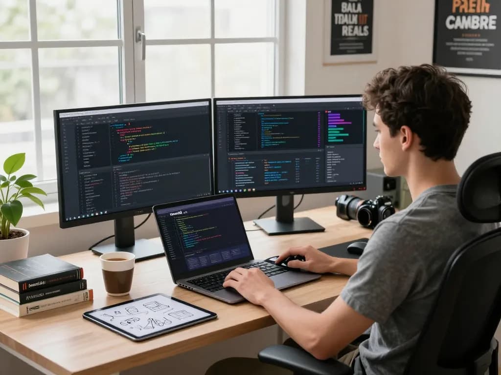 Developer utilizing OpenClaw in a modern workspace, dual monitors and tech setup.