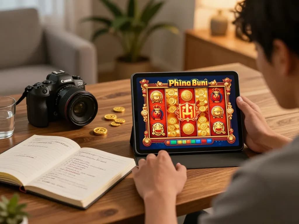 Nổ hũ Thần Tài gameplay on tablet showcases vibrant slots with gold coins and strategies in a home setting.