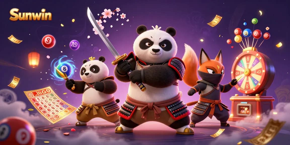 Experience the excitement of Sunwin with samurai panda and fox ninja surrounded by vibrant lottery elements.