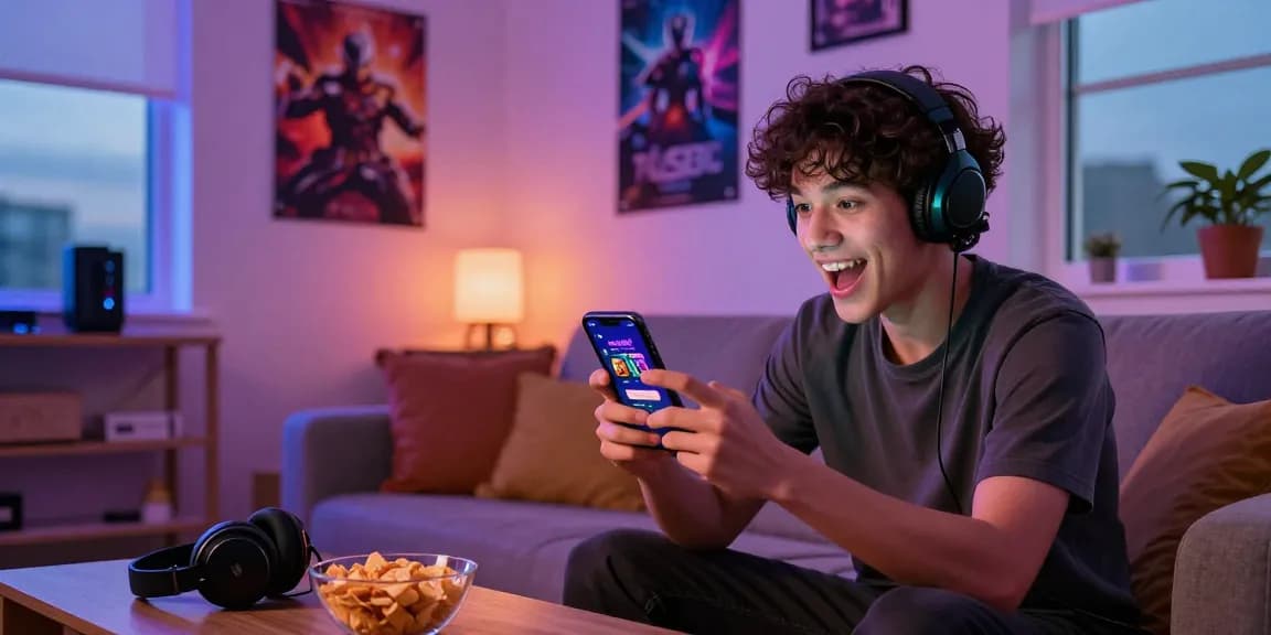 Player logging into Raja Game app in cozy living room, showcasing vibrant gaming atmosphere.