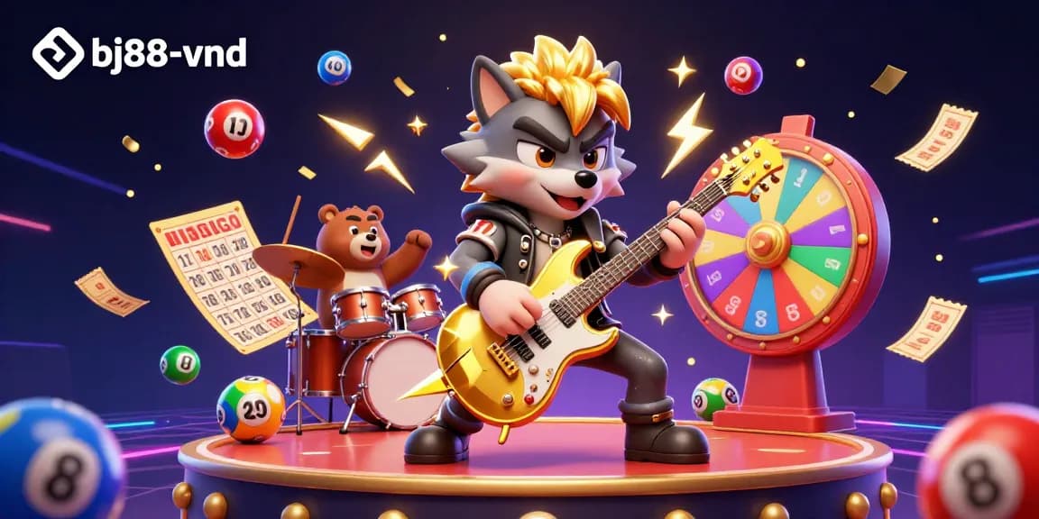 Engage with thrilling games at bj88-vnd, featuring a vibrant 3D illustration of a rock star wolf on stage surrounded by exciting gambling elements.
