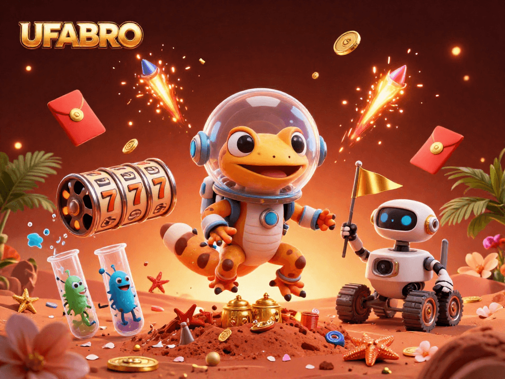 Experience thrilling wins with UFABRO at a golden casino, surrounded by vibrant game elements.