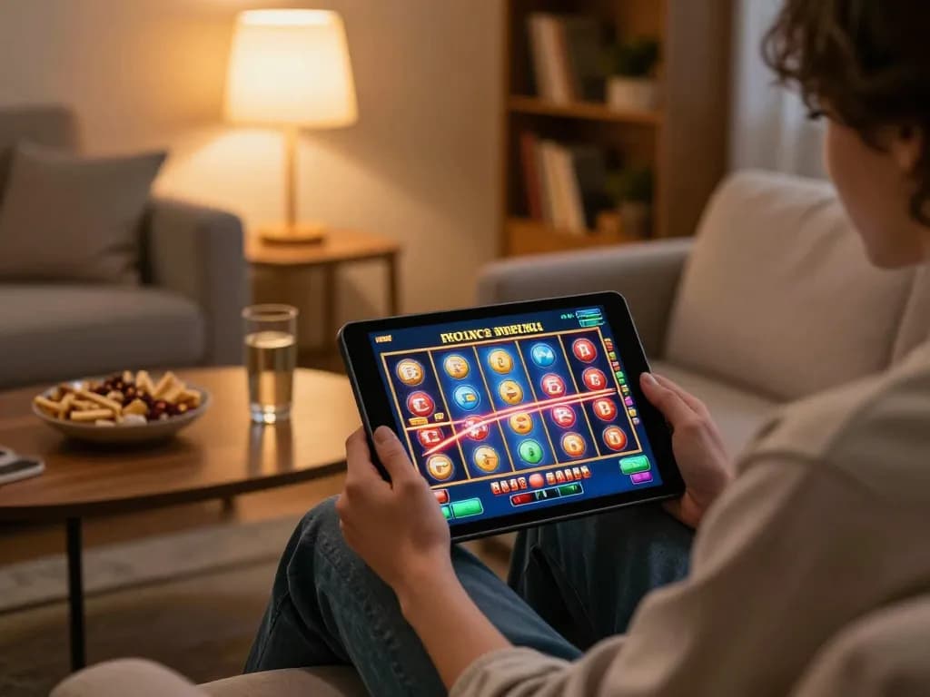 Hitclub player engaging with a vibrant online slot game on a tablet in a cozy home setting.