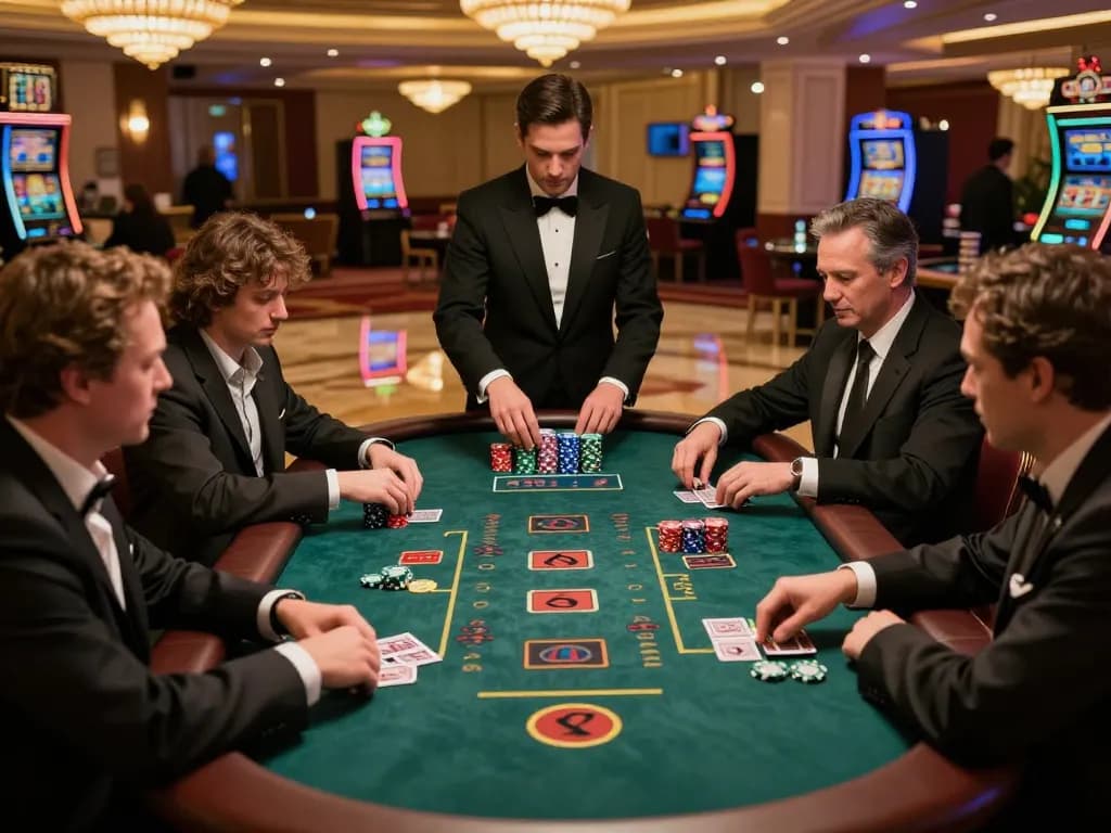 Players engaging in a vibrant Bbet blackjack game on a luxurious casino floor with stacked chips.