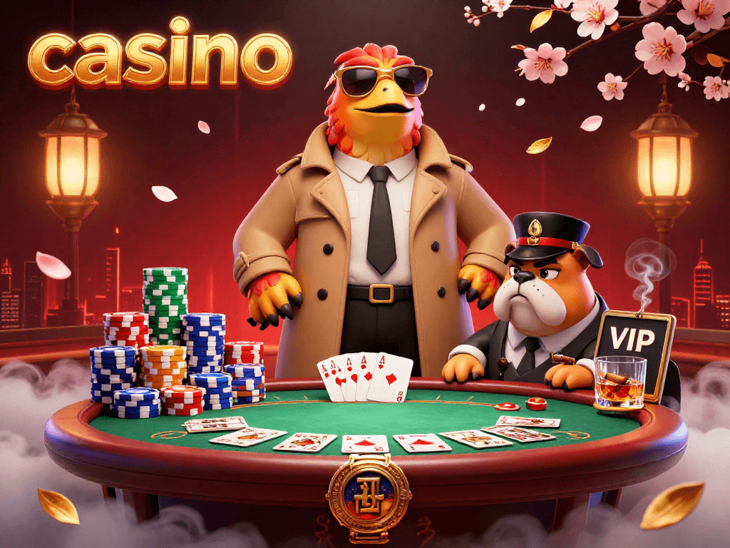 Casinos come to life as three raptors in disguise enter a VIP lounge surrounded by poker elements, showcasing a lively gaming atmosphere.