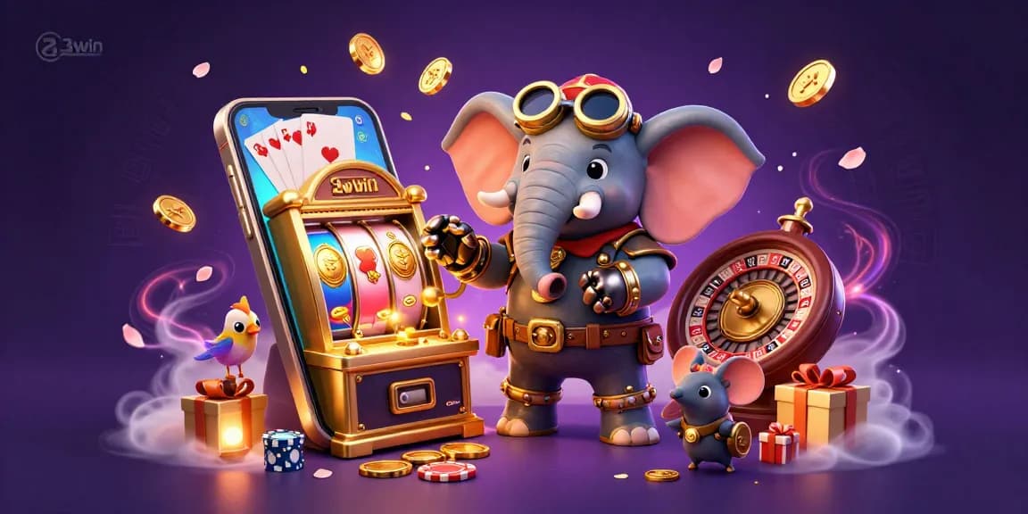 Engage with 23win's thrilling slot experience through a vibrant 3D illustration featuring unique characters and game elements.