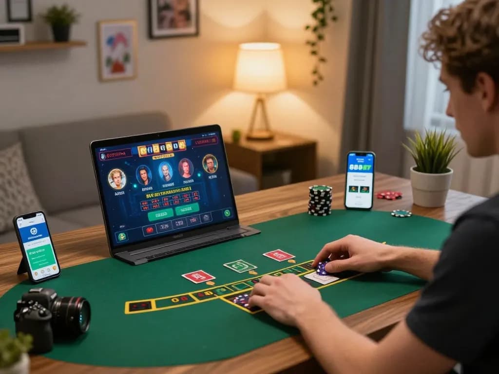 Play blackjack at 88BET online with a stylish home office setup, capturing a dynamic gaming moment.