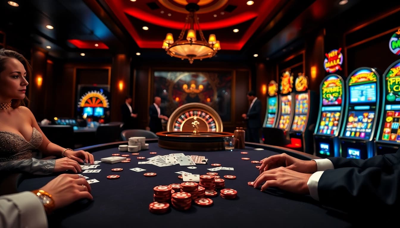 Gambling excitement at 68VIP with poker games and roulette wheel in a luxurious casino setting.