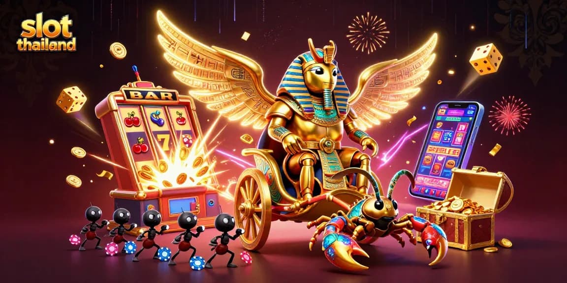 Engage in thrilling slot thailand gameplay with a vibrant illustration of golden scarabs, slot machines, and poker elements.