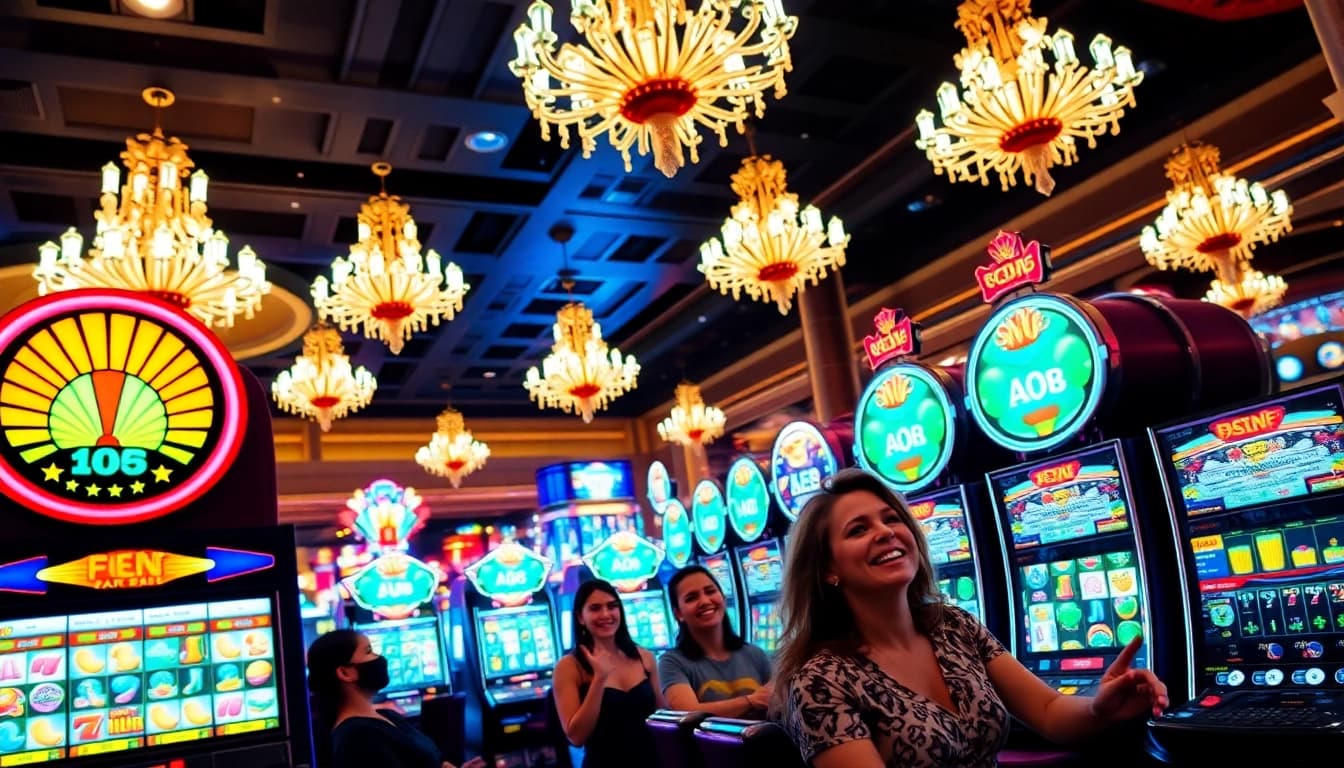 Menang besar di slot online dengan mesin slot berwarna-warni dan pemain yang ceria.