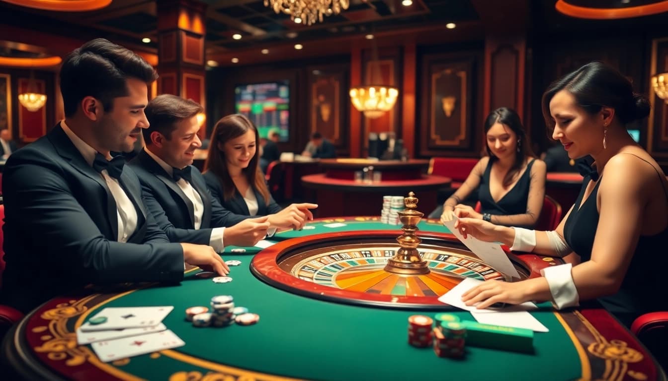 Gamblers engaging in strategic lô kép 247 betting at a luxurious casino.