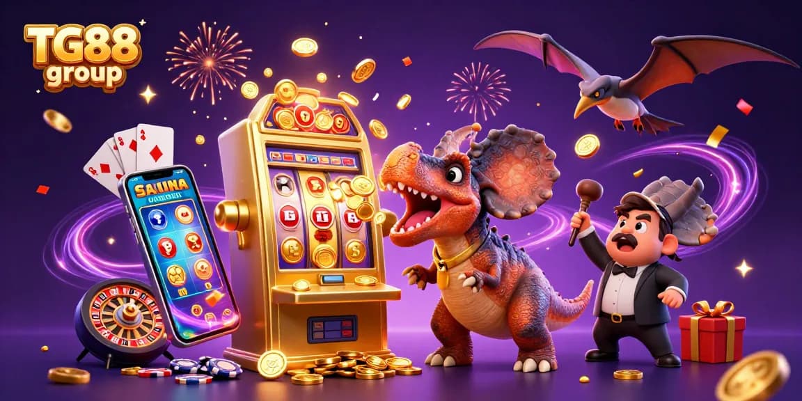 Catch exciting jackpots with the TG88 group in a vibrant 3D casino scene featuring dynamic characters.
