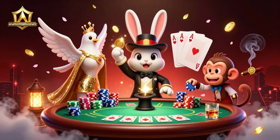 Anatomisebiostats showcases a 3D cartoon magician rabbit casting magic while pulling golden coins, immersed in a vibrant poker scene.