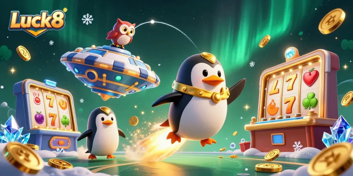 Engage with Luck8's thrilling jackpots through a vibrant 3D illustration featuring slots, coins, and dynamic gaming elements.